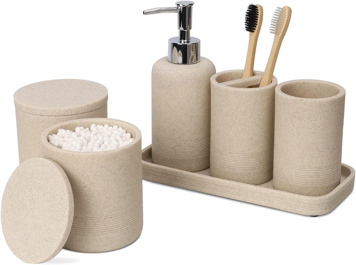 ZCCZ Badezimmer Set – 6-teiliges Organizer-Set mit Zahnbürstenhalter, Seifenspender, Schale für Kosmetik und Wattestäbchen – Elegante Deko in Marmor-Optik, schwarz für modernes Bad