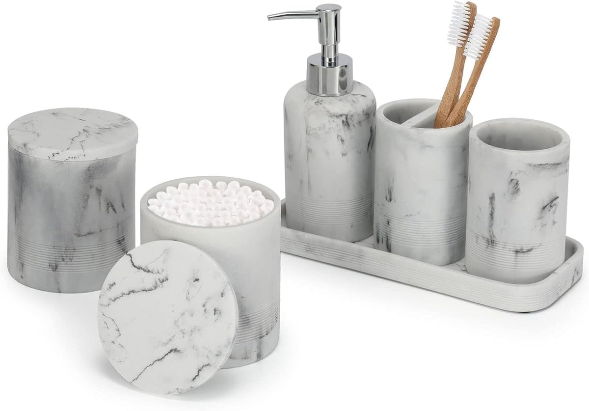 ZCCZ Badezimmer Set – 6-teiliges Organizer-Set mit Zahnbürstenhalter, Seifenspender, Schale für Kosmetik und Wattestäbchen – Elegante Deko in Marmor-Optik, schwarz für modernes Bad