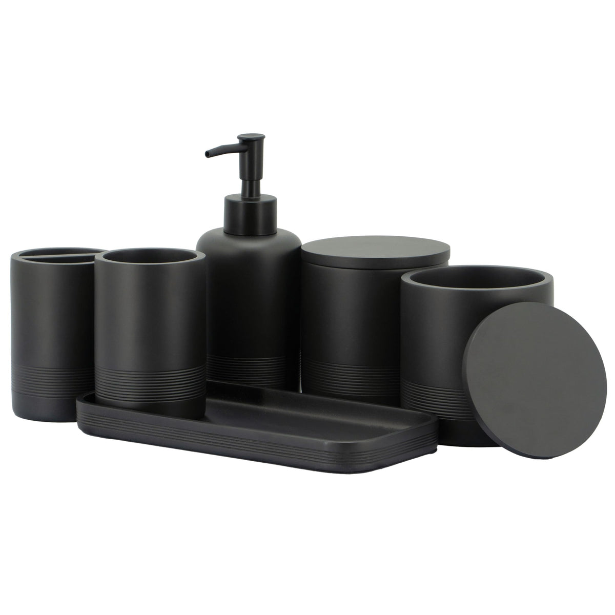ZCCZ Badezimmer Set – 6-teiliges Organizer-Set mit Zahnbürstenhalter, Seifenspender, Schale für Kosmetik und Wattestäbchen – Elegante Deko in Marmor-Optik, schwarz für modernes Bad