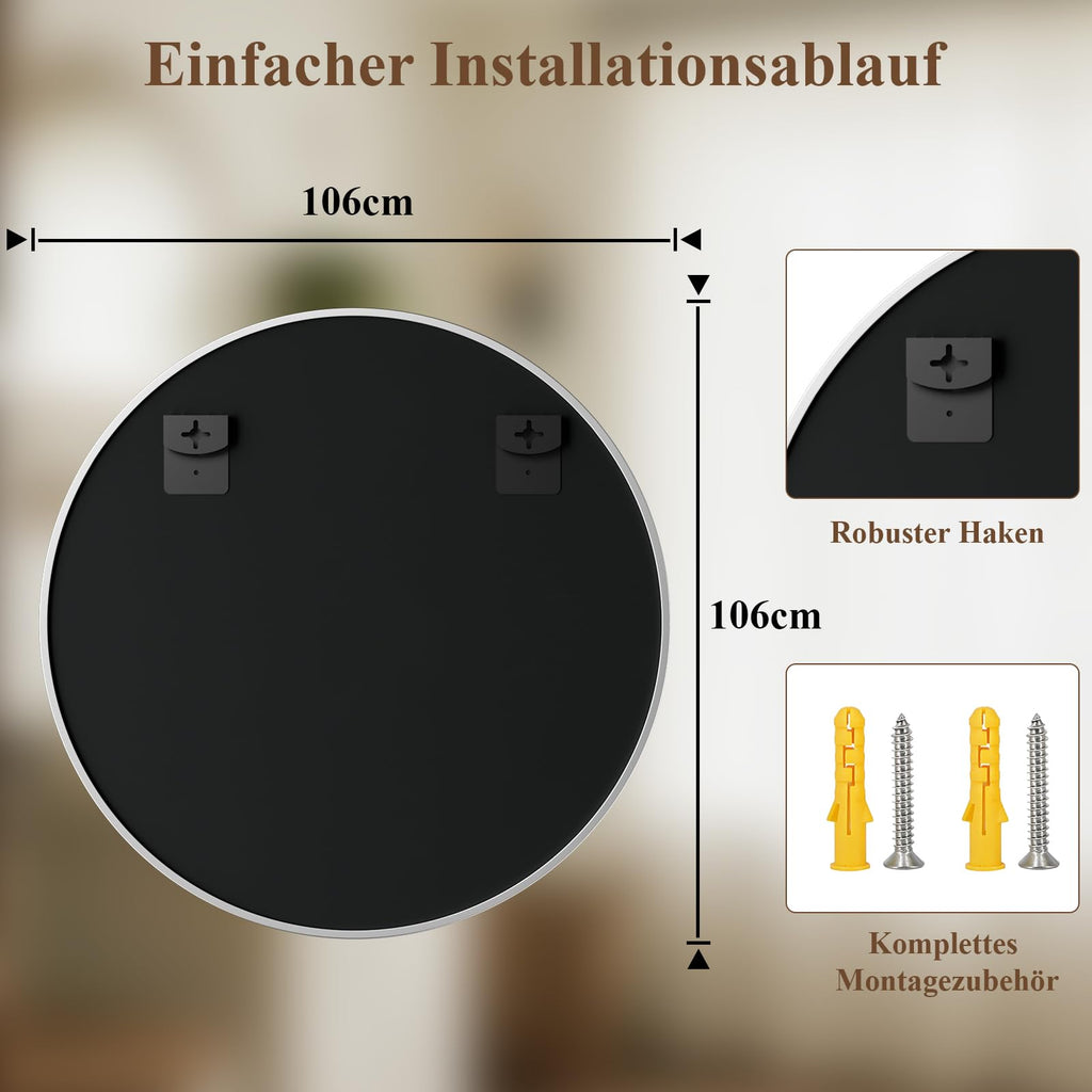 BEAUTYPEAK 46cm Runder Spiegel,Bruchsicherer Wandspiegel mit Aluminiumrahme
