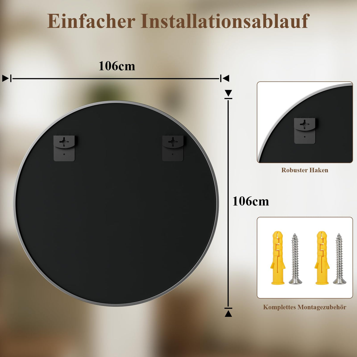 BEAUTYPEAK 46cm Runder Spiegel,Bruchsicherer Wandspiegel mit Aluminiumrahme