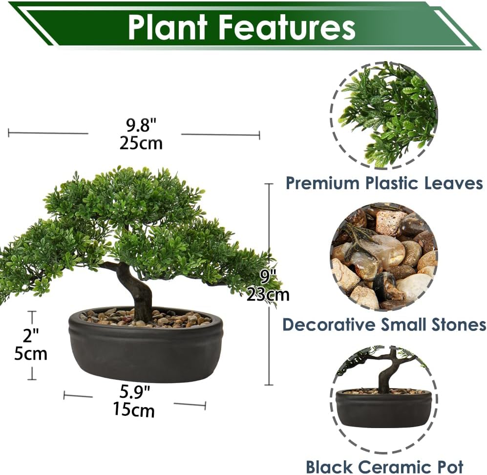 Briful Kunstbonsai Naturgetreue Künstliche Pflanze Kunstbaum Bonsai Zeder Kiefer Podocarpus Plastik Pflanze Kunstpflanze mit Keramik-Übertopf in Schwarz für Baddeko Desktop Büro Fensterbank