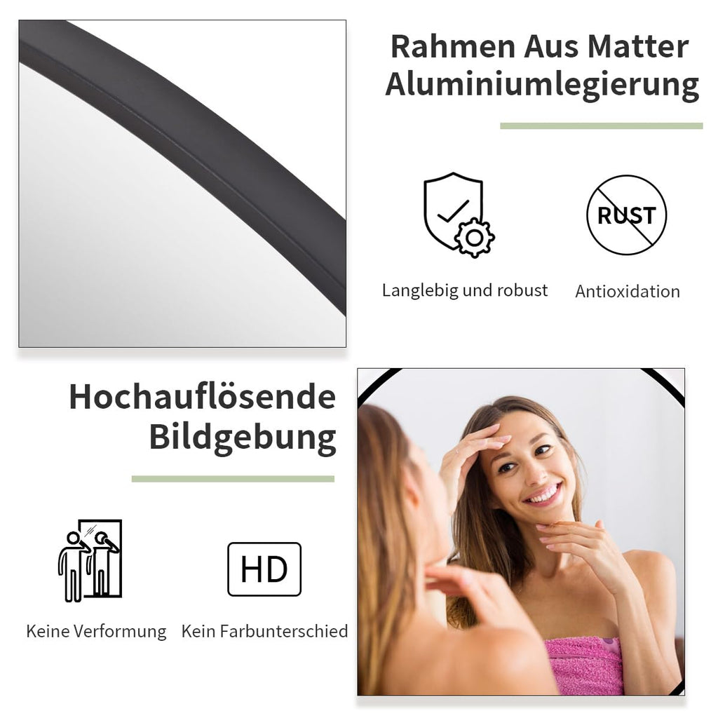 BEAUTYPEAK 46cm Runder Spiegel,Bruchsicherer Wandspiegel mit Aluminiumrahme
