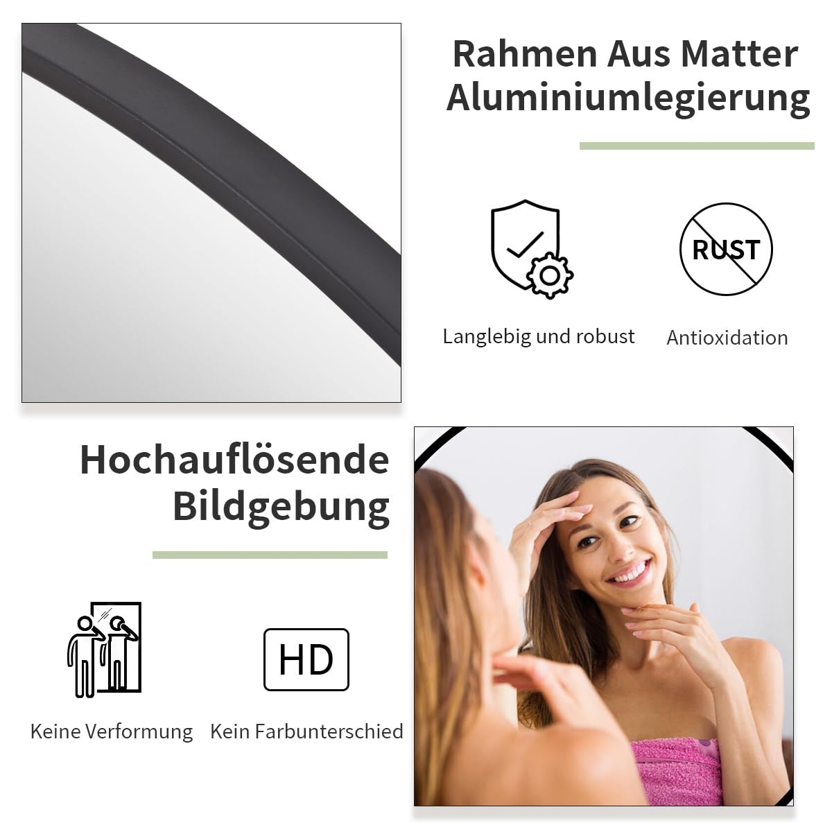 BEAUTYPEAK 46cm Runder Spiegel,Bruchsicherer Wandspiegel mit Aluminiumrahme