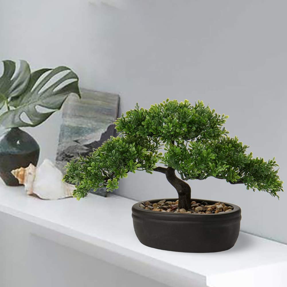 Briful Kunstbonsai Naturgetreue Künstliche Pflanze Kunstbaum Bonsai Zeder Kiefer Podocarpus Plastik Pflanze Kunstpflanze mit Keramik-Übertopf in Schwarz für Baddeko Desktop Büro Fensterbank
