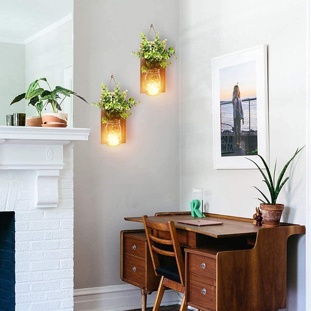 Mason Jar Licht,（2 Stück）, flur deko anddekoration, Grüne gefälschte Pflanze, Lichterkette im Glas, Wohnzimmer Holz-Dekoration mit, Glas Warmweiß Garten Hängeleuchten für Außen (Grüne Pflanzen)