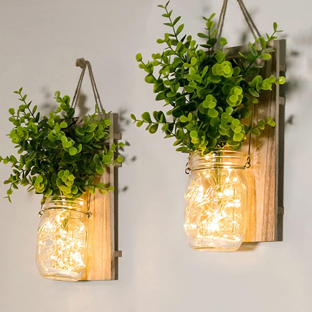 Mason Jar Licht,（2 Stück）, flur deko anddekoration, Grüne gefälschte Pflanze, Lichterkette im Glas, Wohnzimmer Holz-Dekoration mit, Glas Warmweiß Garten Hängeleuchten für Außen (Grüne Pflanzen)
