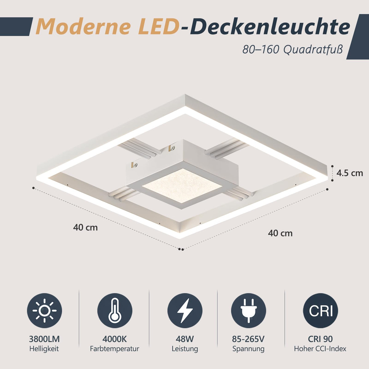 Qamra Modern Schwarz Deckenlampe,48W Quadratisch LED Deckenleuchte 4000K,40cm Lampe für Schlafzimmer Wohnzimmer Flur Badezimmer