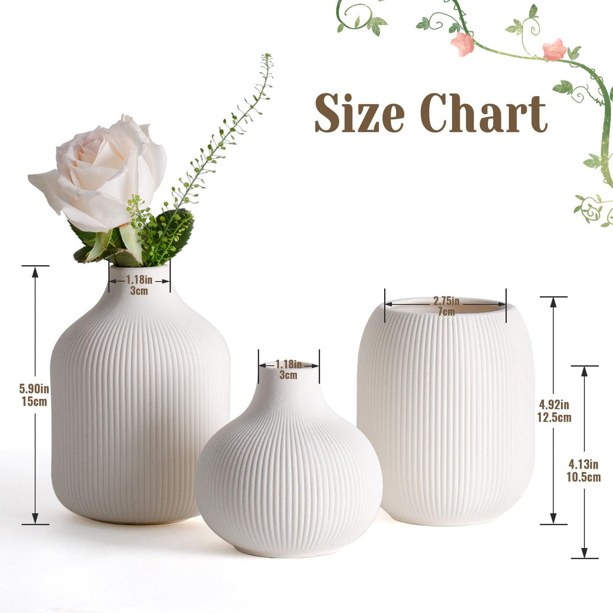 Dnnnii Kleines Keramikvasen-Set 3-TLG Beige - Minimalistische Vasen mit Rillendesign, kompakte Übergangsdekoration für Wohnzimmer, Schlafzimmer, Büro (3-TLG Beige Keramikset)