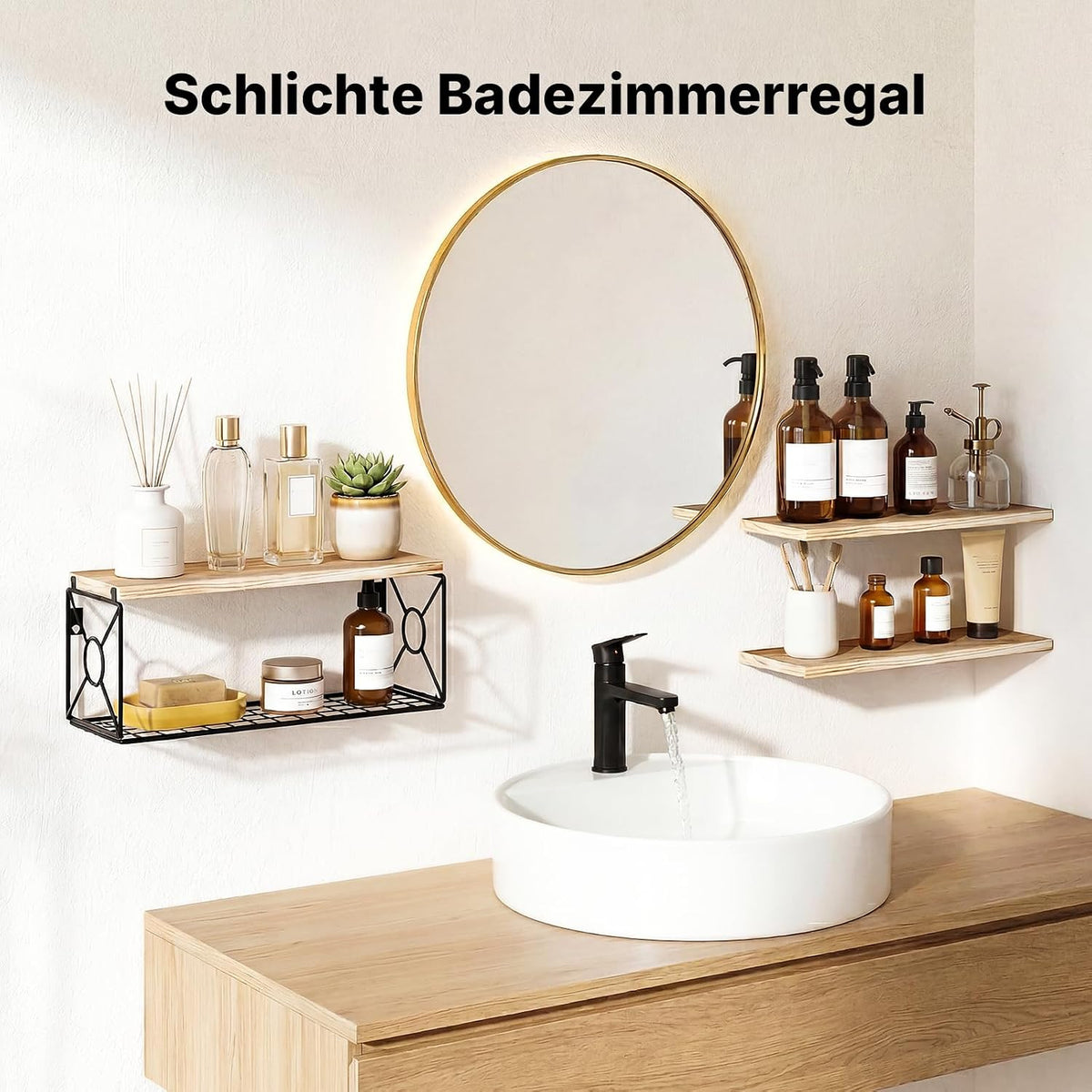Amada Wandregal mit Aufbewahrungskorb für das Bad, 3er-Set, Helles Holz
