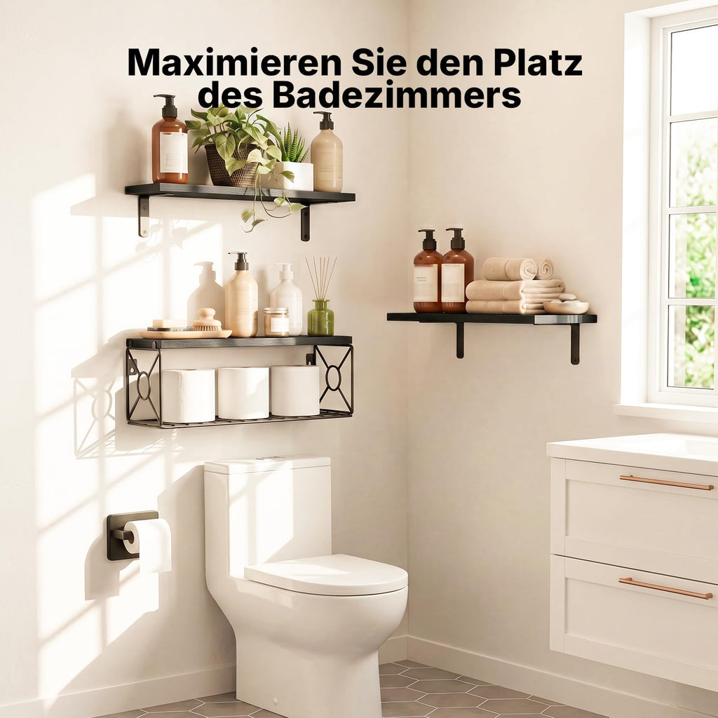 Amada Wandregal mit Aufbewahrungskorb für das Bad, 3er-Set, Helles Holz
