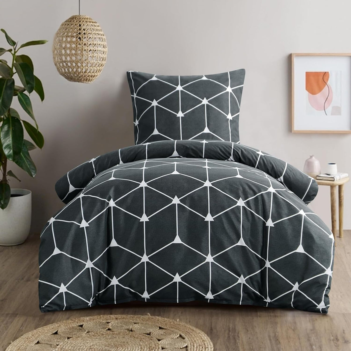 RUIKASI Bettwäsche 135x200 4teilig Anthrazit - Bettbezüge 135 x 200 2er Set mit Geometrie Muster, Bettwäsche-Sets 135x200cm aus Mikrofaser mit Reißverschluss Weich und Bügelfrei