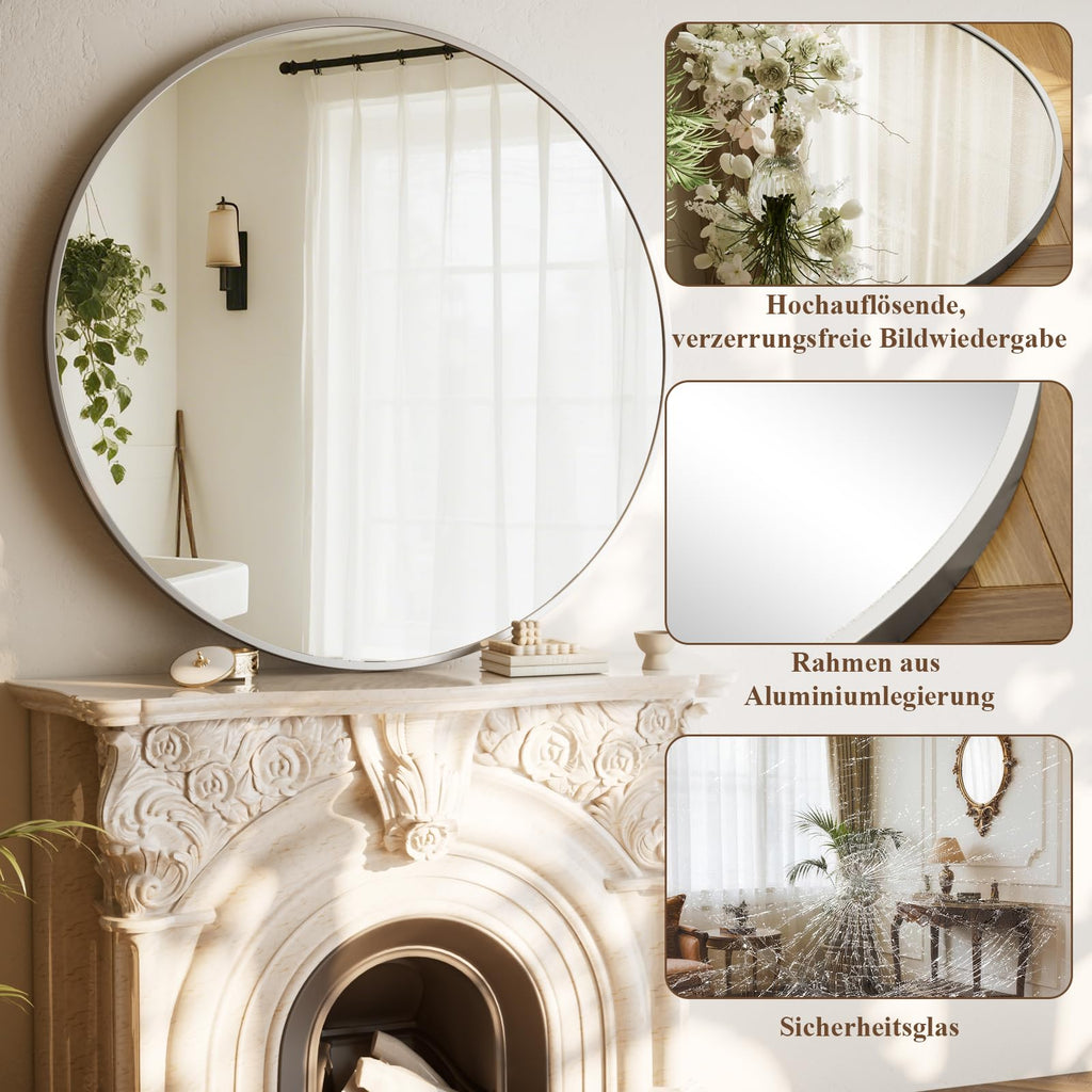 BEAUTYPEAK 46cm Runder Spiegel,Bruchsicherer Wandspiegel mit Aluminiumrahme