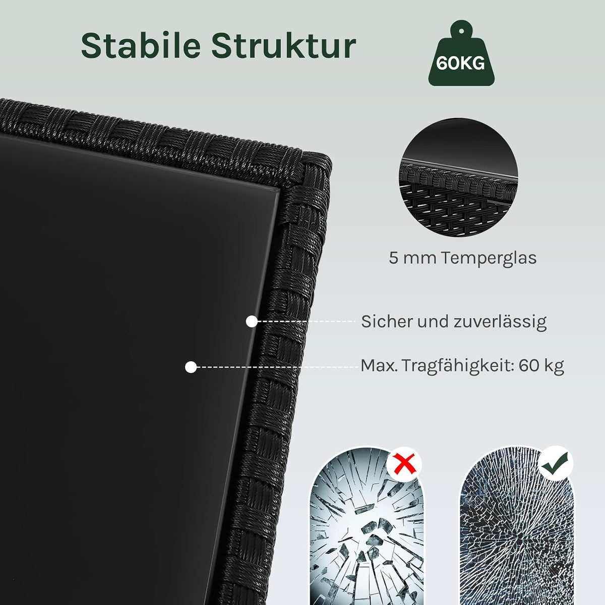 WOLTU Polyrattan Gartentisch, mit Glasplatte offenem Fach, 45x40x45 cm