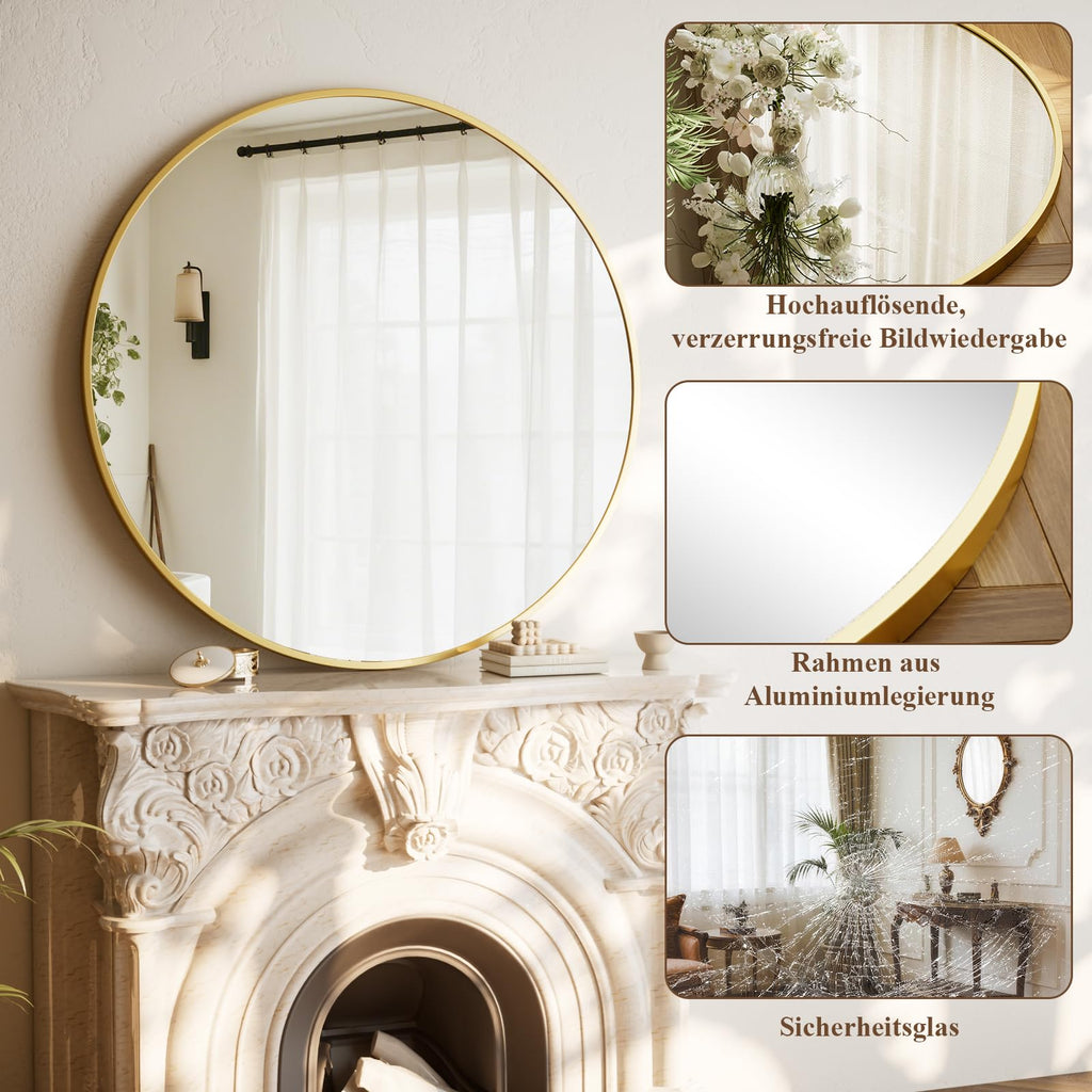 BEAUTYPEAK 46cm Runder Spiegel,Bruchsicherer Wandspiegel mit Aluminiumrahme