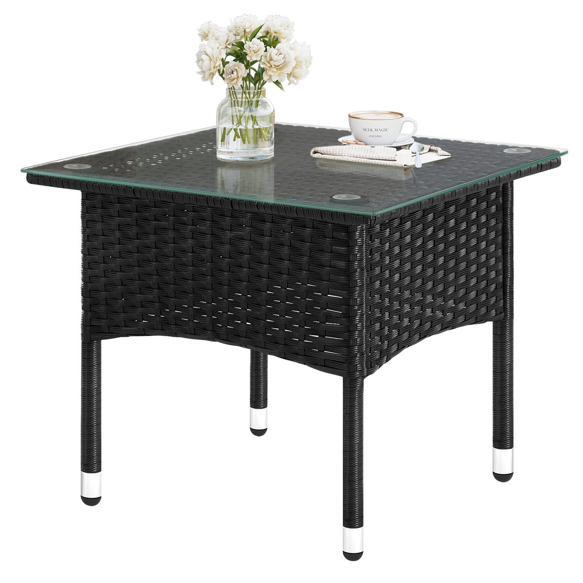 WOLTU Polyrattan Gartentisch, mit Glasplatte offenem Fach, 45x40x45 cm