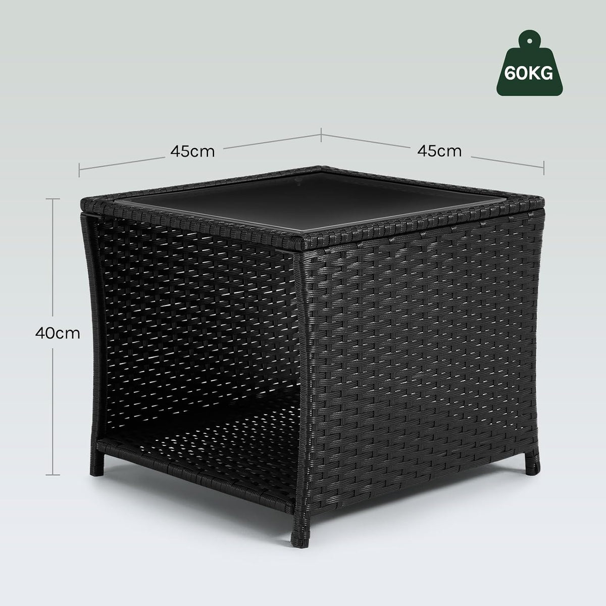 WOLTU Polyrattan Gartentisch, mit Glasplatte offenem Fach, 45x40x45 cm
