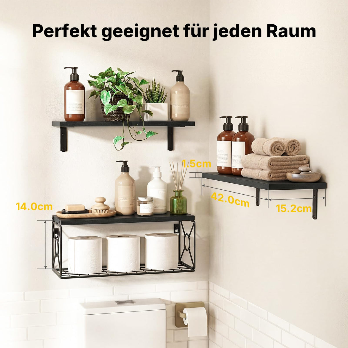 Amada Wandregal mit Aufbewahrungskorb für das Bad, 3er-Set, Helles Holz