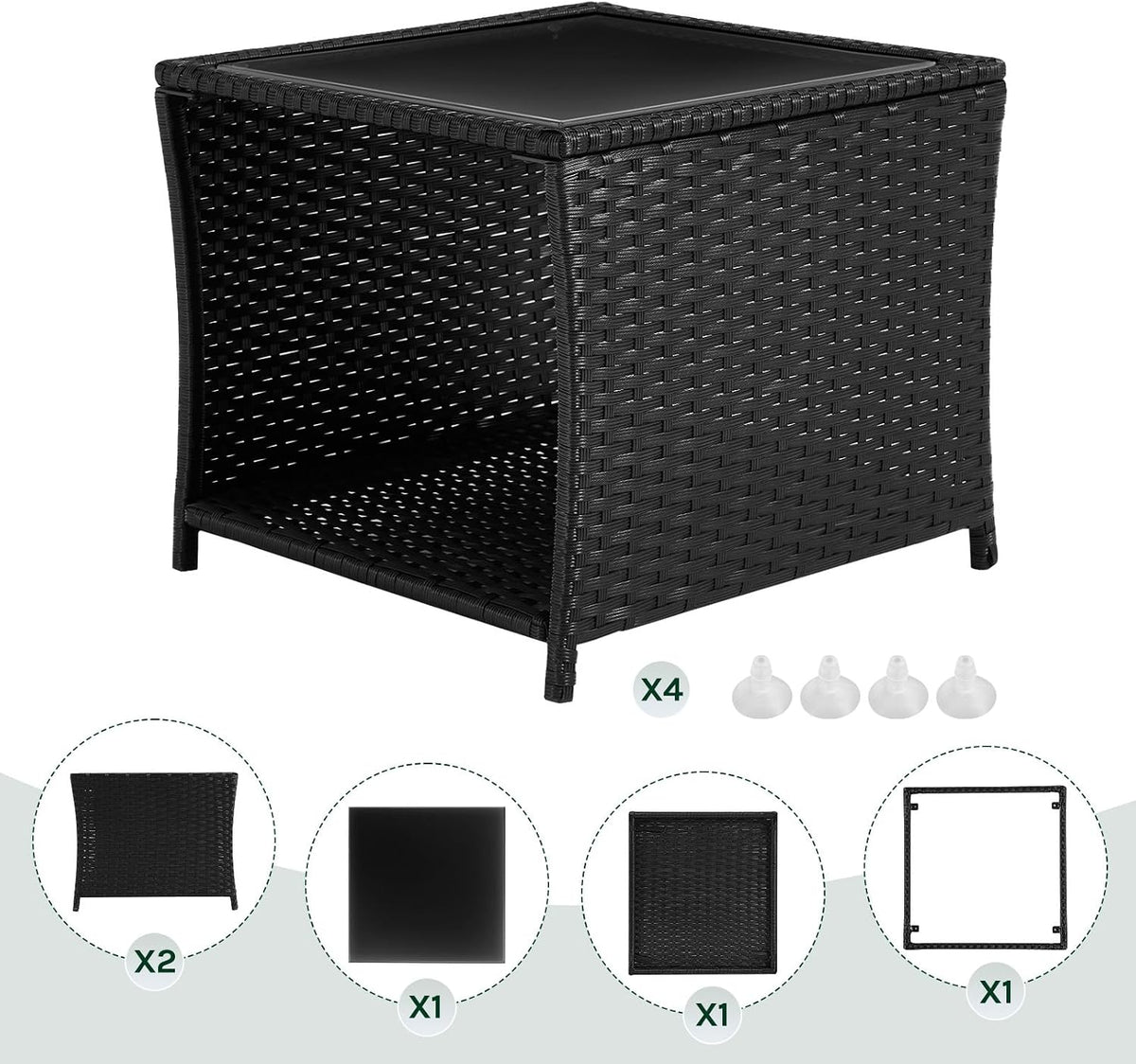 WOLTU Polyrattan Gartentisch, mit Glasplatte offenem Fach, 45x40x45 cm