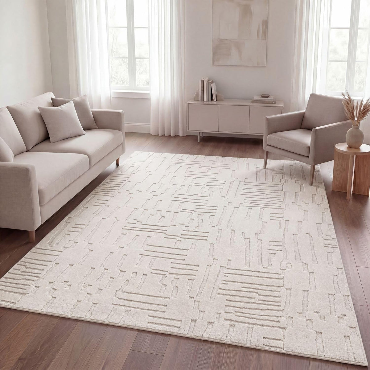 TT Home Wohnzimmer Teppich Schlafzimmer Hochflor Skandinavisches Design Unifarben Geometrisch Boho Style Modern Waschbar, Creme 1, 160x220 cm