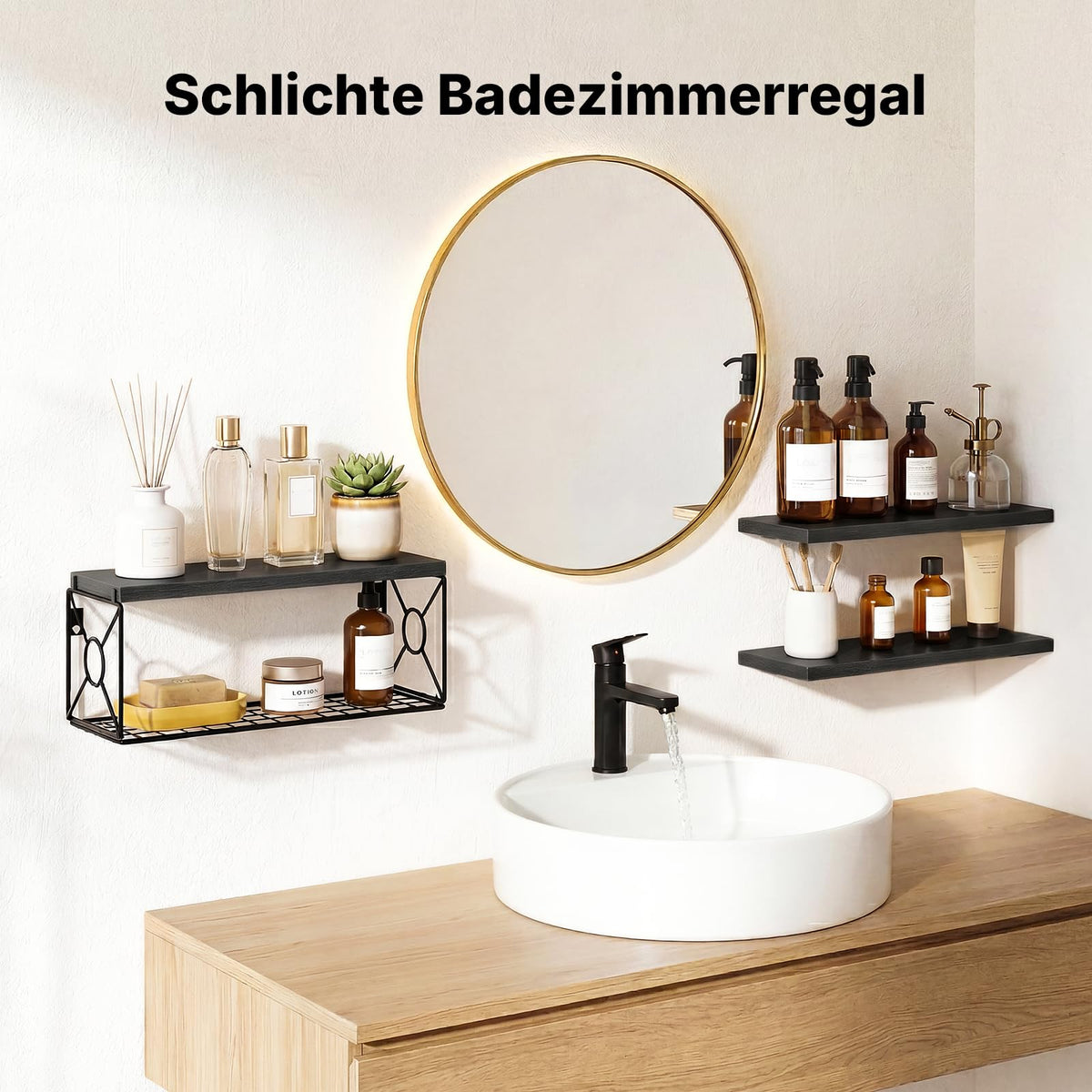 Amada Wandregal mit Aufbewahrungskorb für das Bad, 3er-Set, Helles Holz