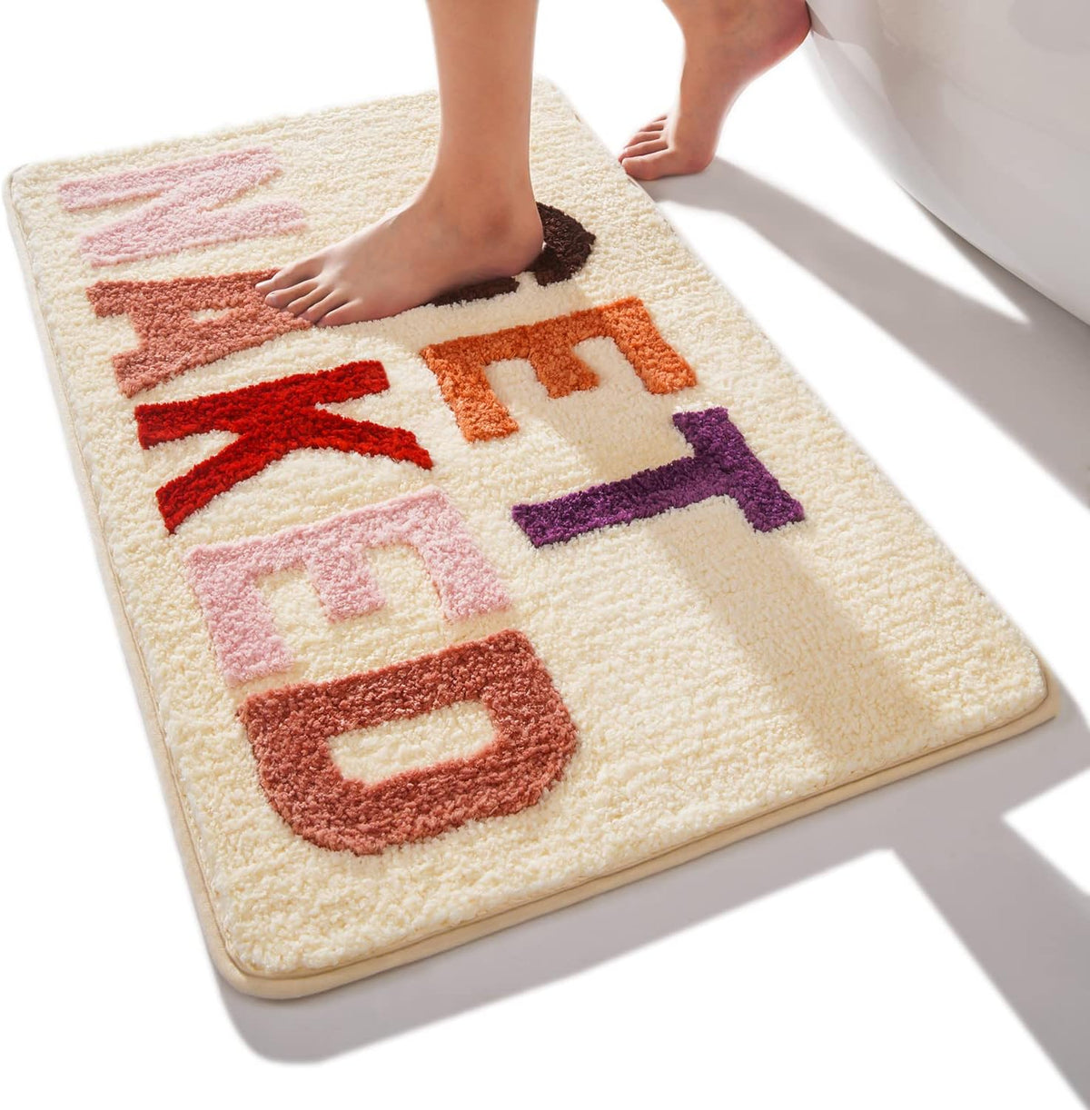 QJHOMO Beige Badezimmerteppich Bunt Badematte rutschfest Waschbar Badteppich Spaßig Badvorleger Weiche Mikrofaser Duschvorleger Absorbierende Badezimmer Teppich 50 x 80 cm