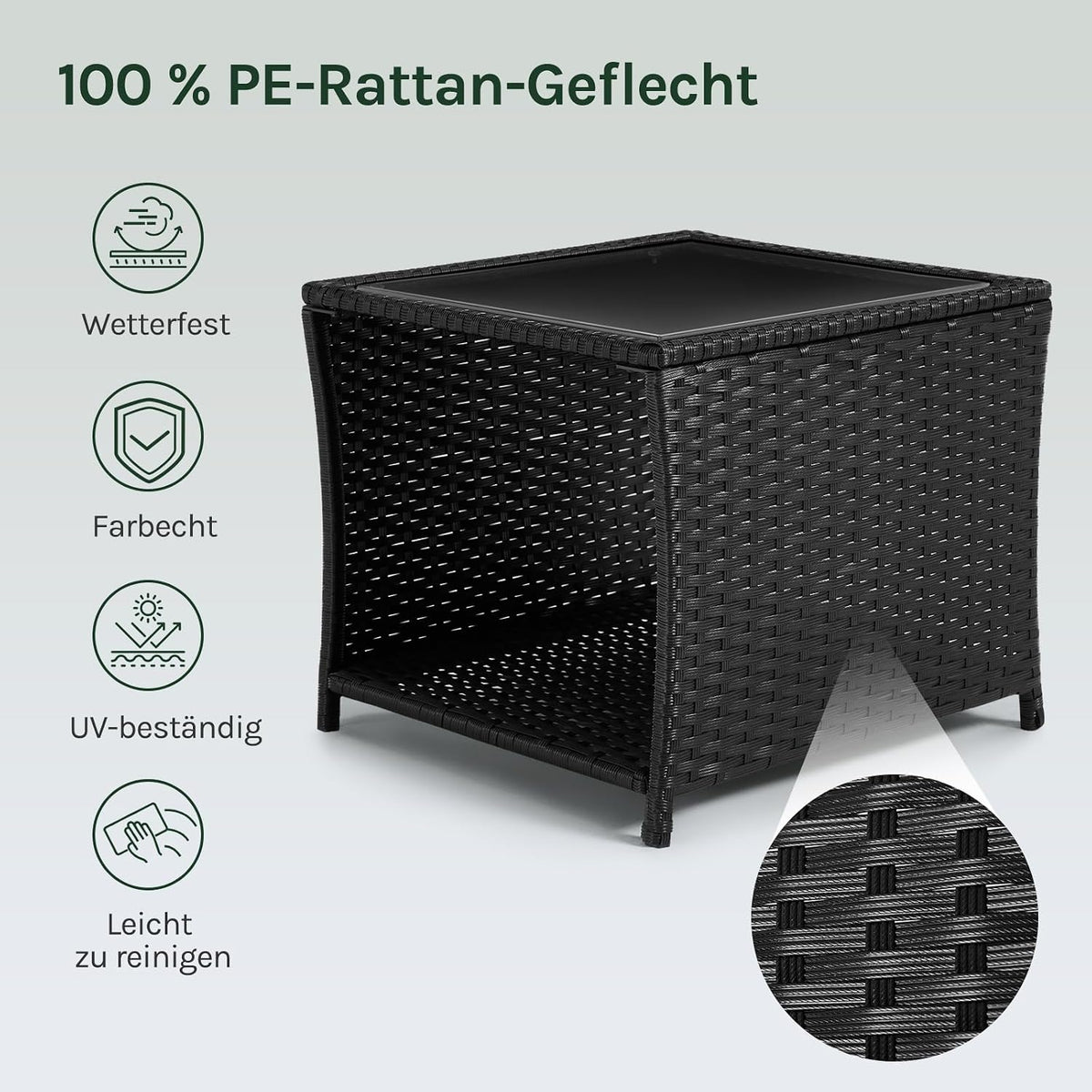 WOLTU Polyrattan Gartentisch, mit Glasplatte offenem Fach, 45x40x45 cm