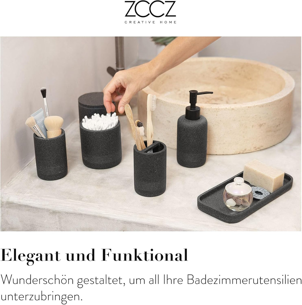 ZCCZ Badezimmer Set – 6-teiliges Organizer-Set mit Zahnbürstenhalter, Seifenspender, Schale für Kosmetik und Wattestäbchen – Elegante Deko in Marmor-Optik, schwarz für modernes Bad