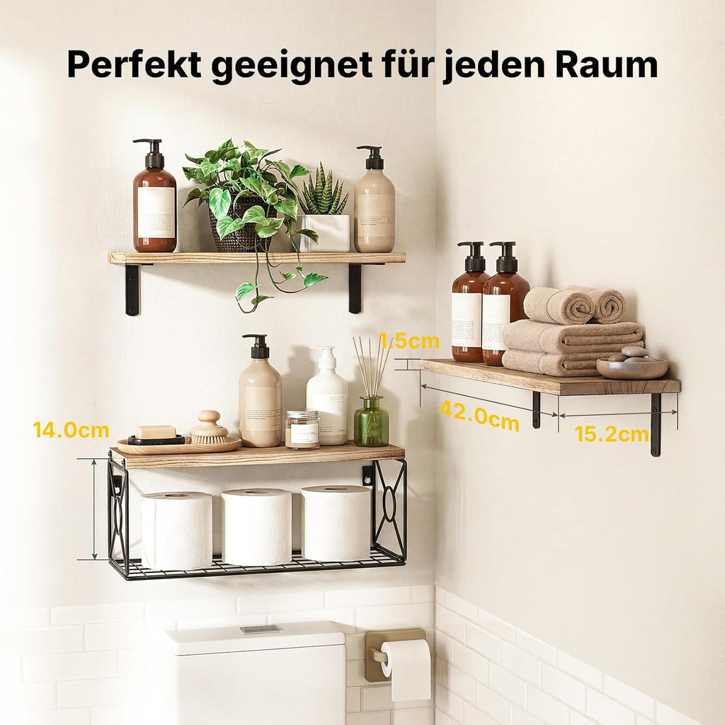 Amada Wandregal mit Aufbewahrungskorb für das Bad, 3er-Set, Helles Holz