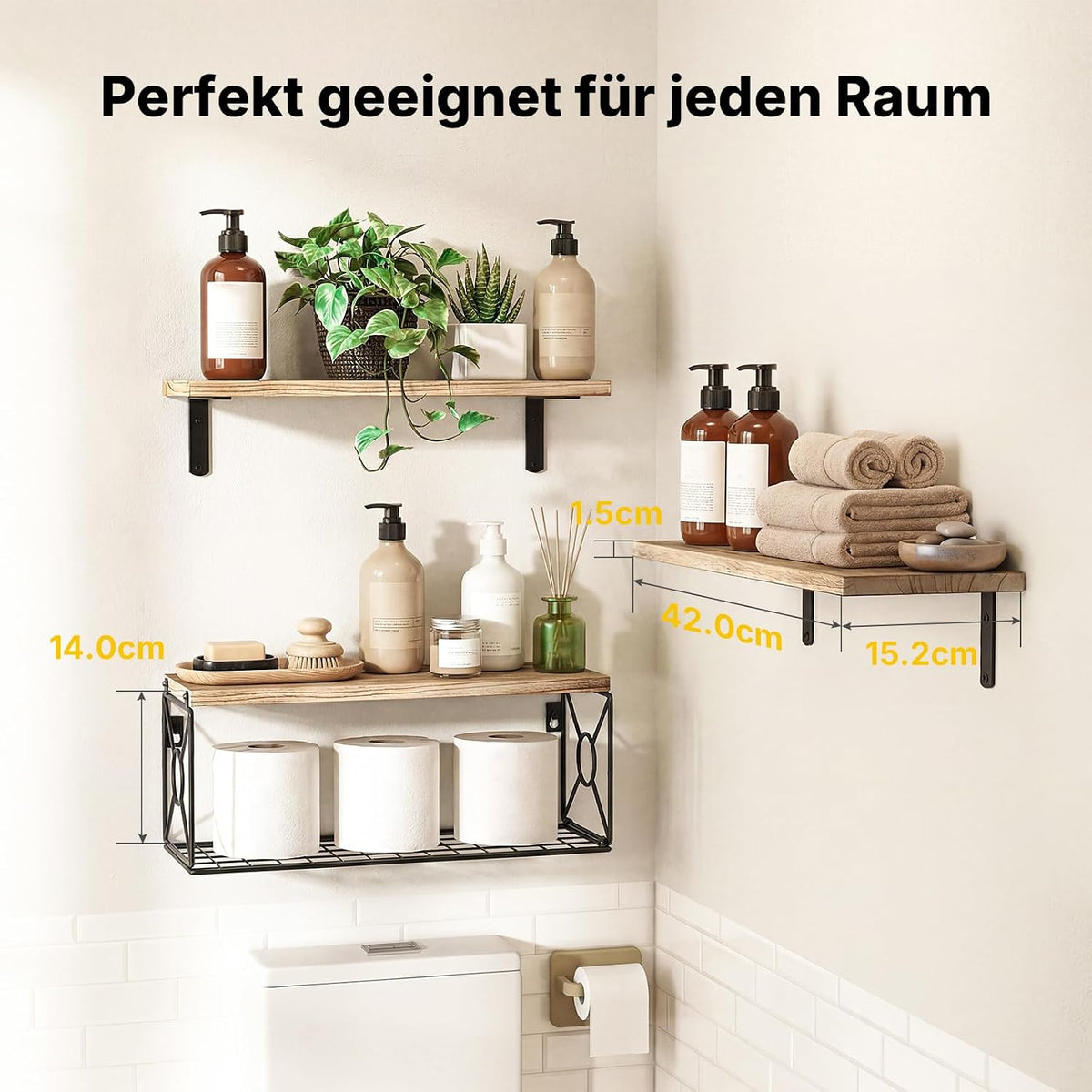 Amada Wandregal mit Aufbewahrungskorb für das Bad, 3er-Set, Helles Holz