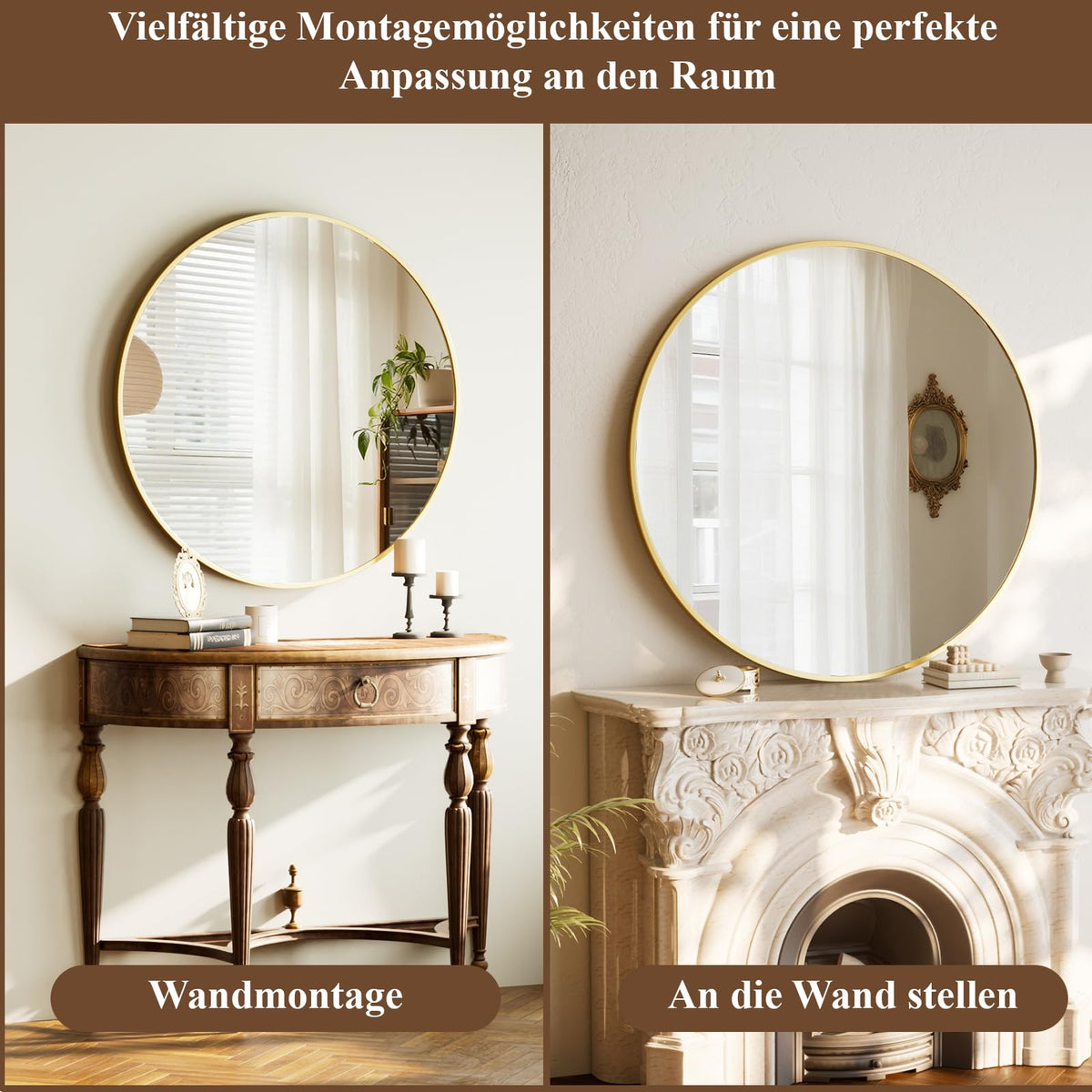 BEAUTYPEAK 46cm Runder Spiegel,Bruchsicherer Wandspiegel mit Aluminiumrahme