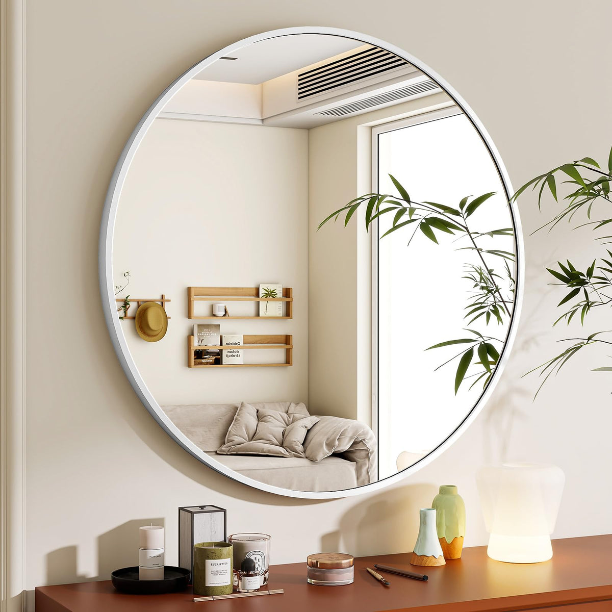 BEAUTYPEAK 46cm Runder Spiegel,Bruchsicherer Wandspiegel mit Aluminiumrahme