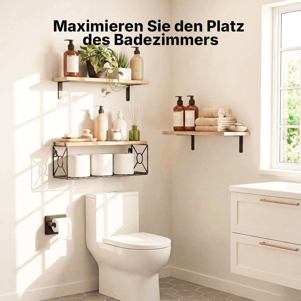 Amada Wandregal mit Aufbewahrungskorb für das Bad, 3er-Set, Helles Holz