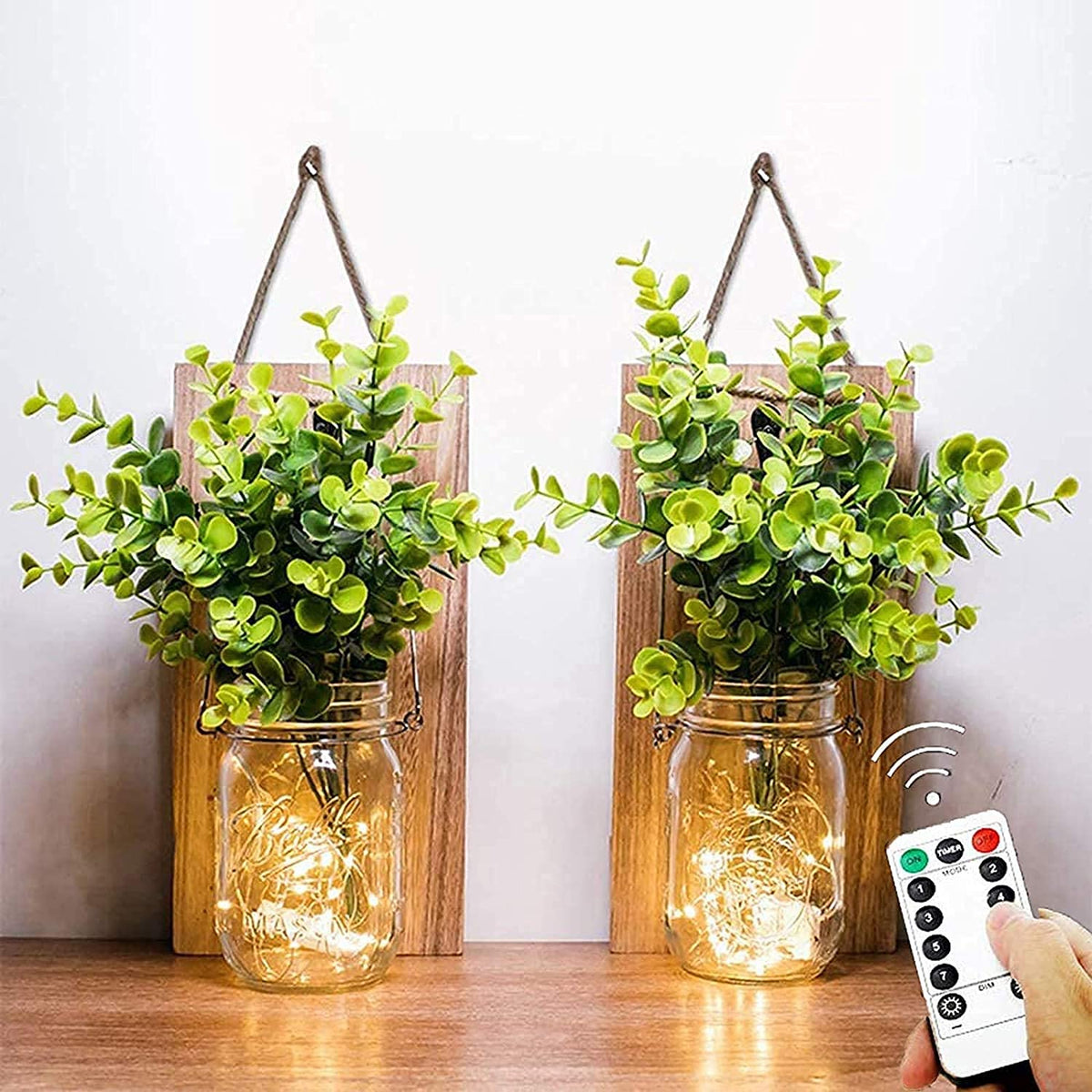 Mason Jar Licht,（2 Stück）, flur deko anddekoration, Grüne gefälschte Pflanze, Lichterkette im Glas, Wohnzimmer Holz-Dekoration mit, Glas Warmweiß Garten Hängeleuchten für Außen (Grüne Pflanzen)