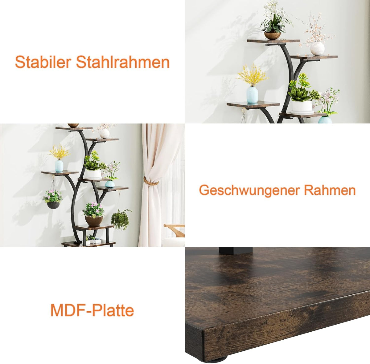 Blumenständer mit Licht Pflanzenregal mit Wachstumslicht 8 Ebenen Präsentationsständern aus Metall und Holz Blumenständer für Terrasse, Garten, Balkon, Wohnzimmer