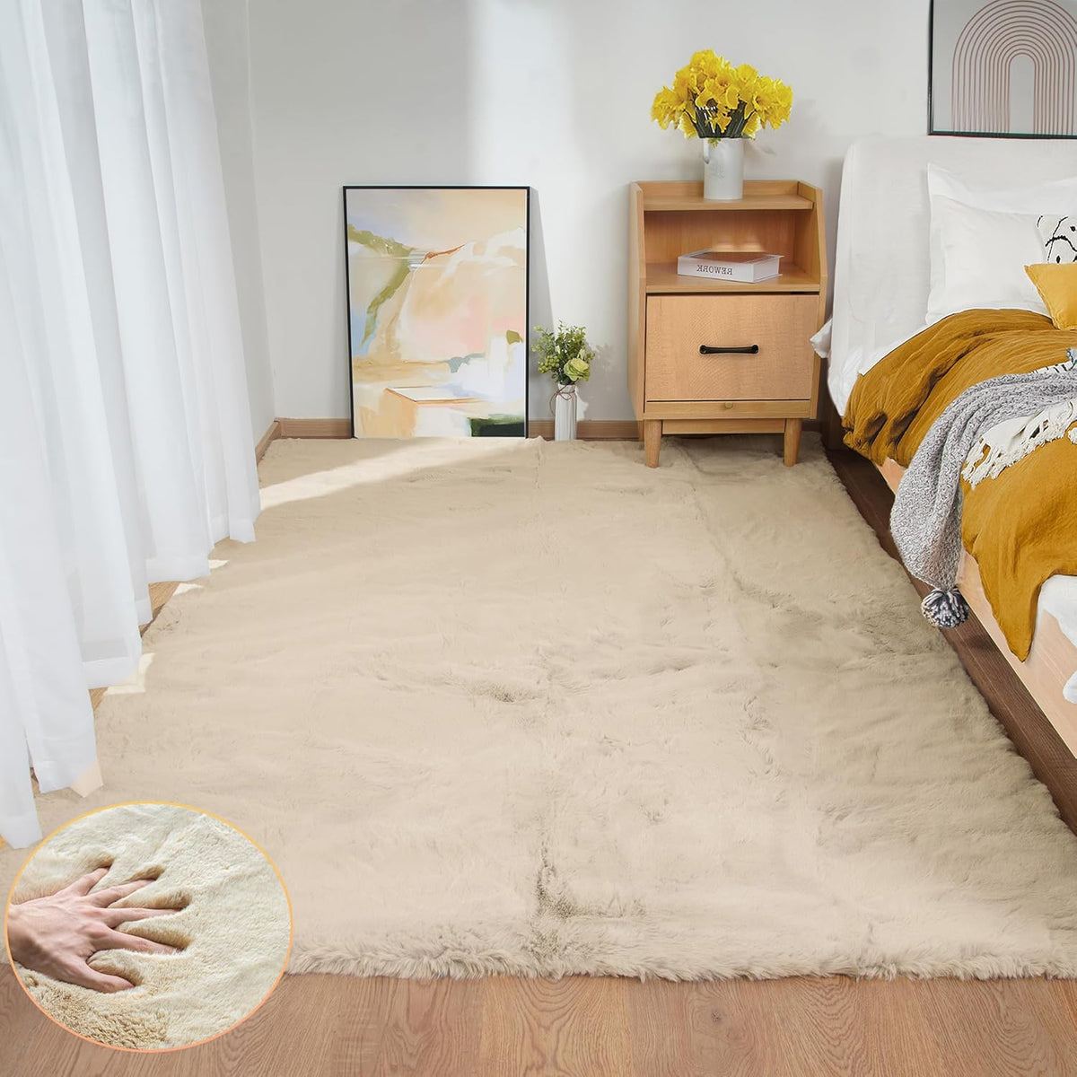 ORINOVA Teppich Schlafzimmer Beige Waschbar Flauschig 60x90 cm Fellteppich Kunstfell Wohnzimmer Kinderzimmer Teppich Weich Klein Deko Rechteckig