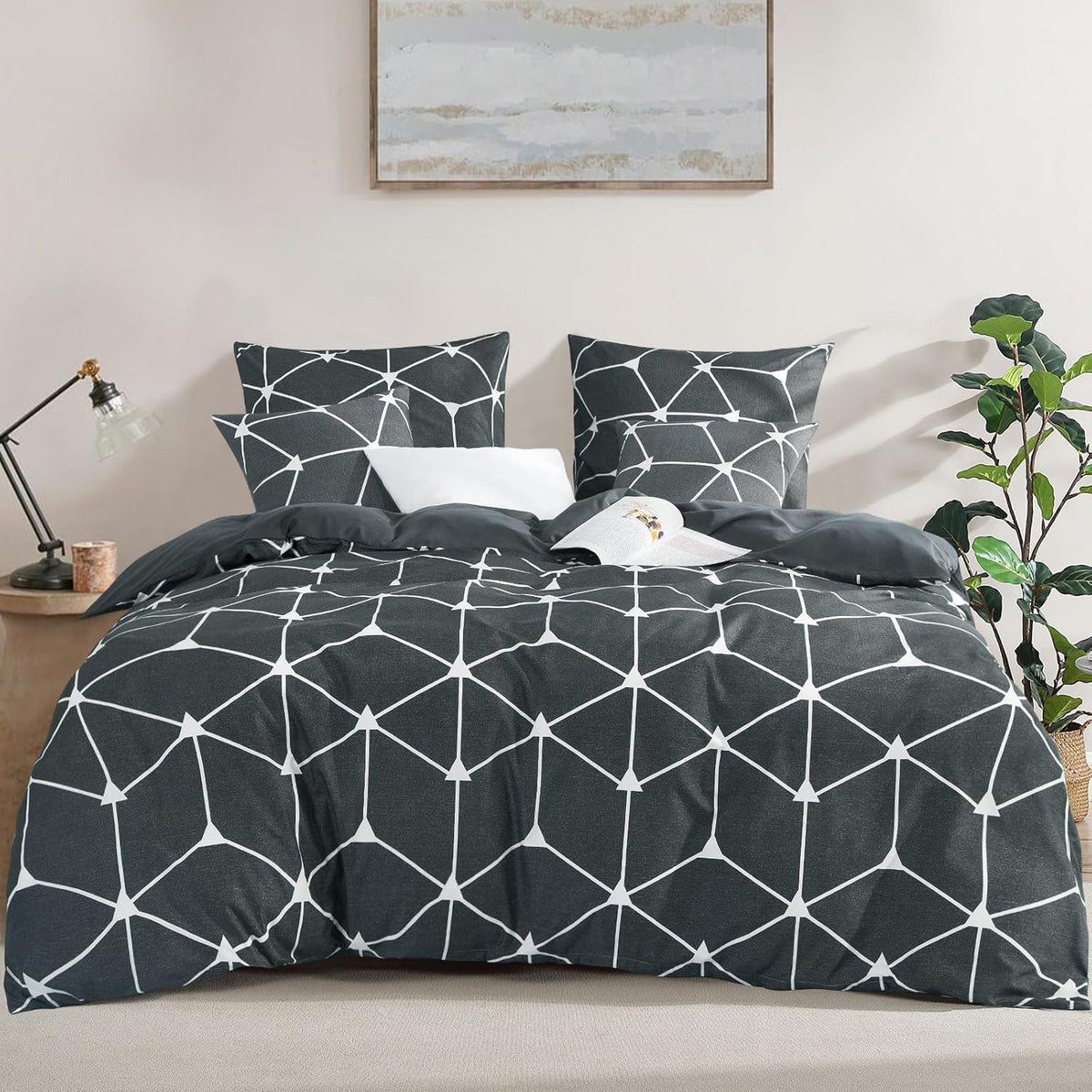 RUIKASI Bettwäsche 135x200 4teilig Anthrazit - Bettbezüge 135 x 200 2er Set mit Geometrie Muster, Bettwäsche-Sets 135x200cm aus Mikrofaser mit Reißverschluss Weich und Bügelfrei