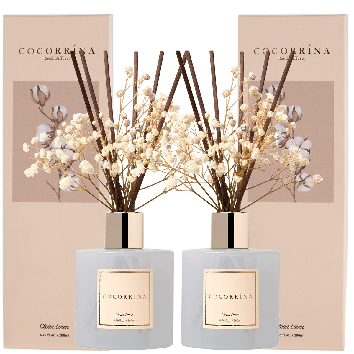 COCORRÍNA Raumduft Reed Diffuser mit 8 Duftstäbchen 200ml- Sauberes Leinen, Natürlich, Langanhaltend, Home Duft ätherisches Öl Reed Diffusor für Badezimmer Regal Dekoration