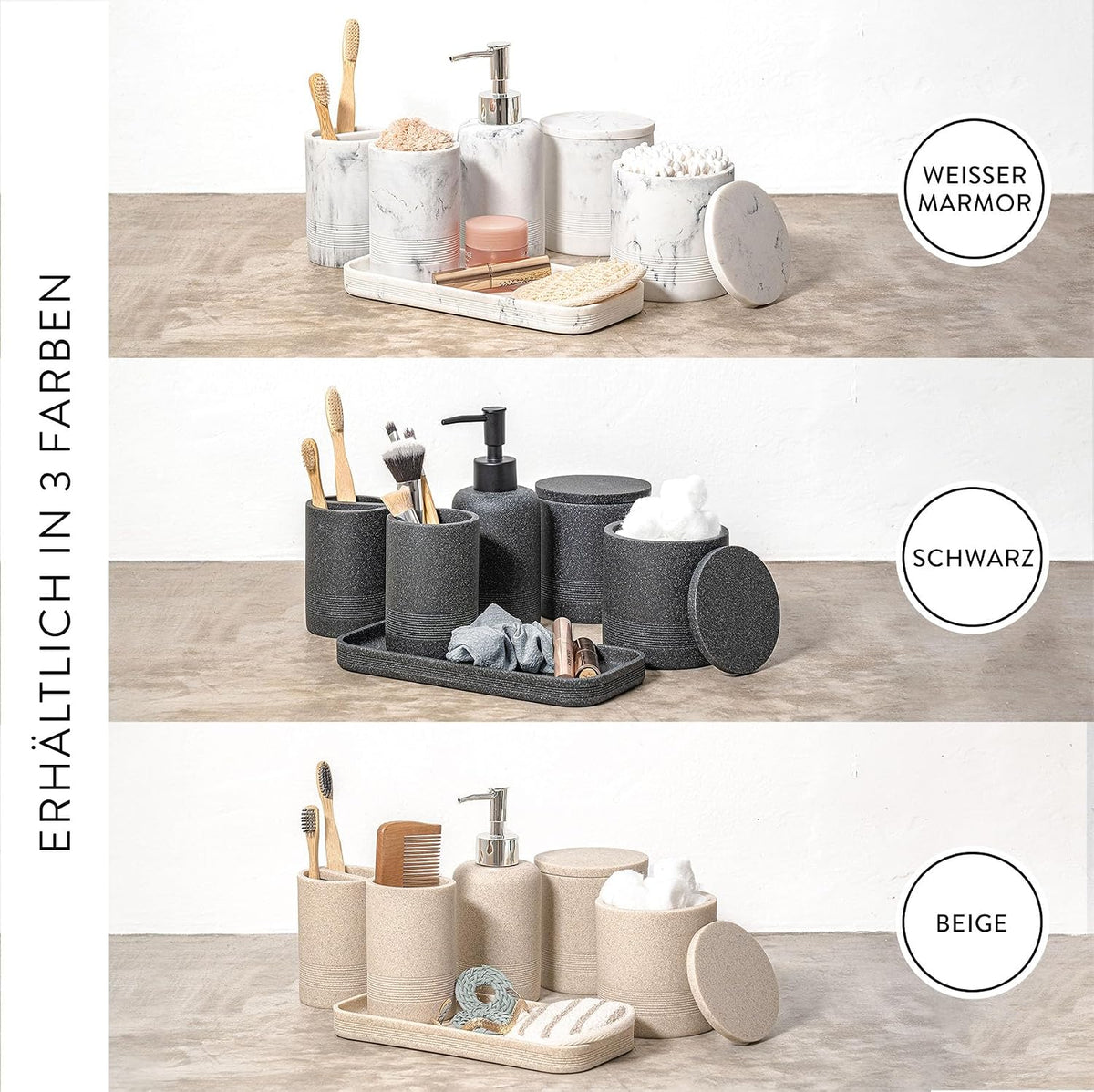 ZCCZ Badezimmer Set – 6-teiliges Organizer-Set mit Zahnbürstenhalter, Seifenspender, Schale für Kosmetik und Wattestäbchen – Elegante Deko in Marmor-Optik, schwarz für modernes Bad