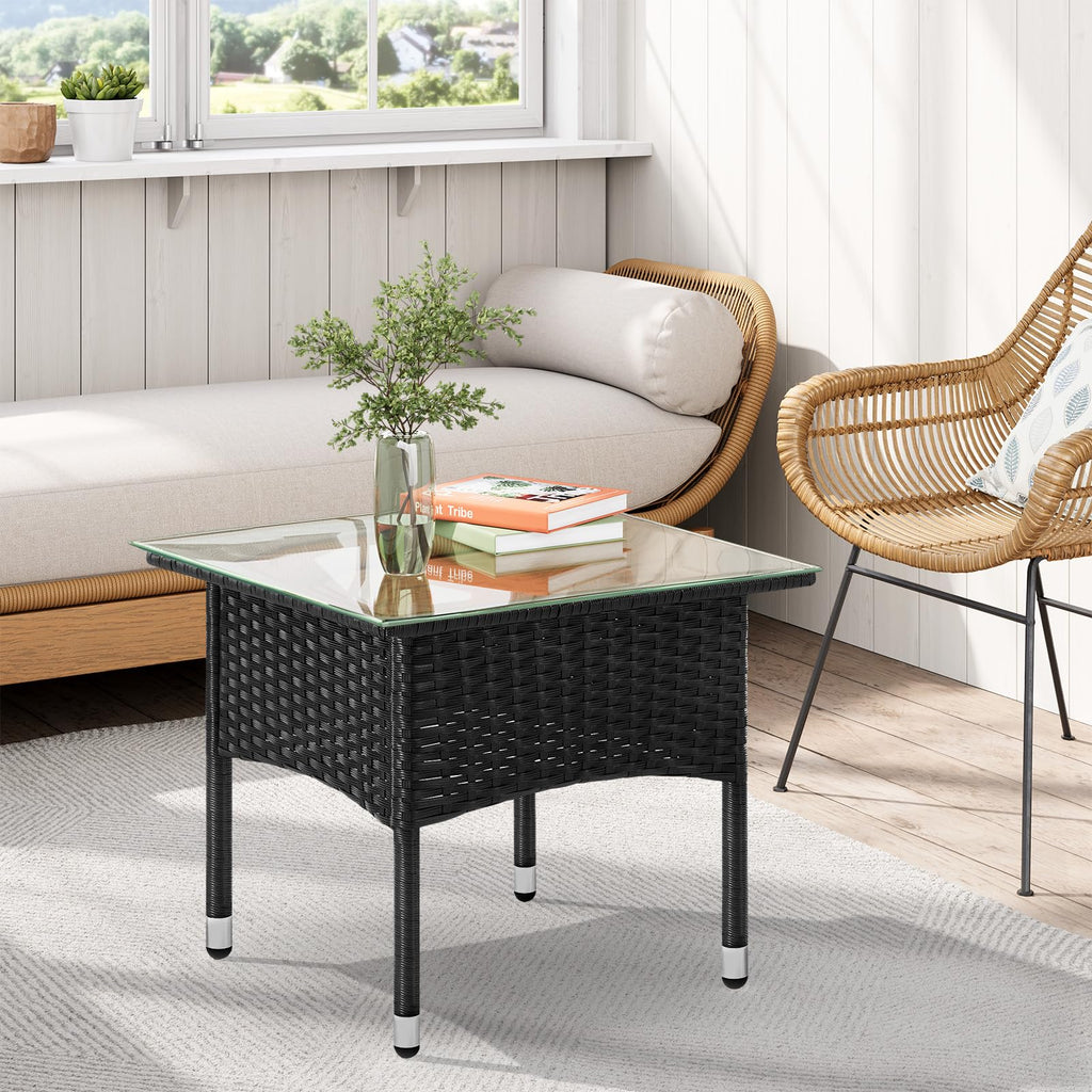 WOLTU Polyrattan Gartentisch, mit Glasplatte offenem Fach, 45x40x45 cm