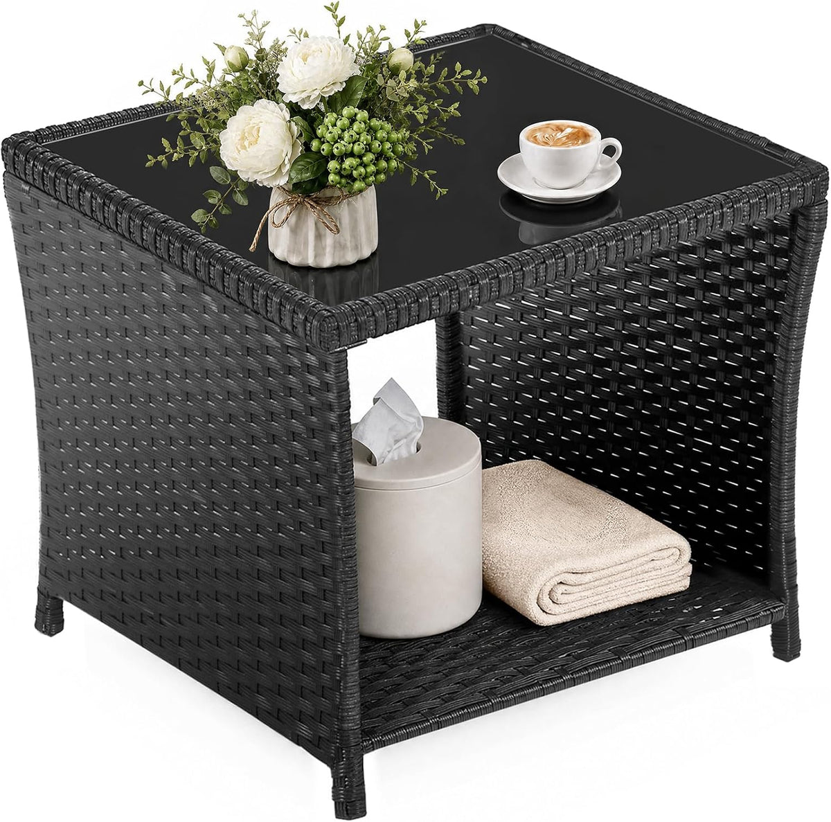 WOLTU Polyrattan Gartentisch, mit Glasplatte offenem Fach, 45x40x45 cm