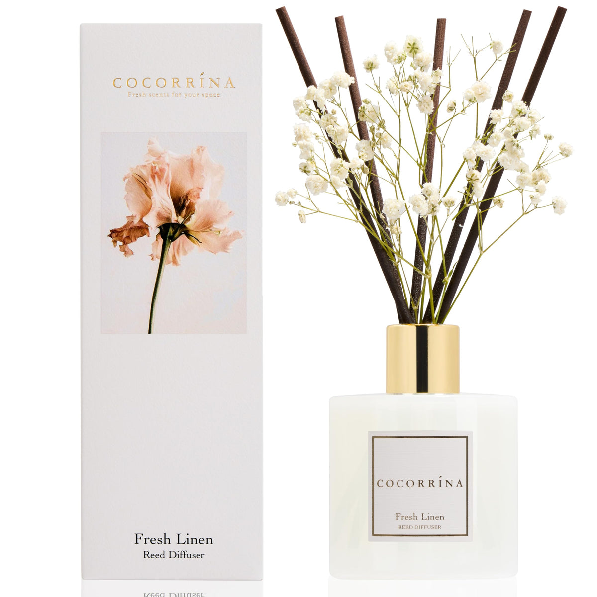 COCORRÍNA Raumduft Reed Diffuser mit 8 Duftstäbchen 200ml- Sauberes Leinen, Natürlich, Langanhaltend, Home Duft ätherisches Öl Reed Diffusor für Badezimmer Regal Dekoration