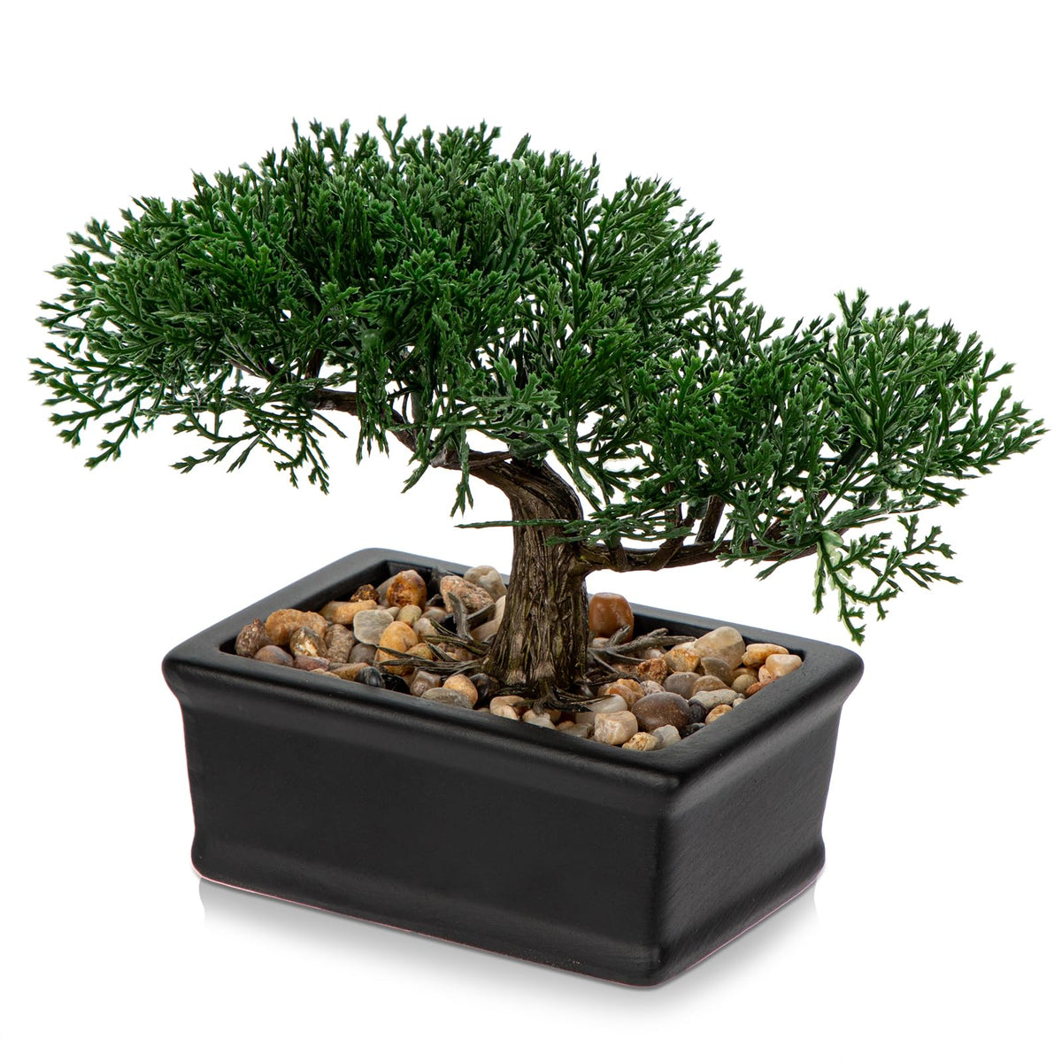 Briful Kunstbonsai Naturgetreue Künstliche Pflanze Kunstbaum Bonsai Zeder Kiefer Podocarpus Plastik Pflanze Kunstpflanze mit Keramik-Übertopf in Schwarz für Baddeko Desktop Büro Fensterbank