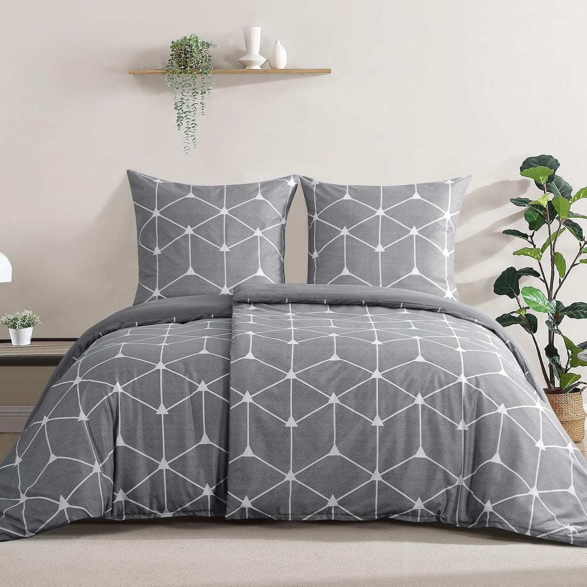RUIKASI Bettwäsche 135x200 4teilig Anthrazit - Bettbezüge 135 x 200 2er Set mit Geometrie Muster, Bettwäsche-Sets 135x200cm aus Mikrofaser mit Reißverschluss Weich und Bügelfrei