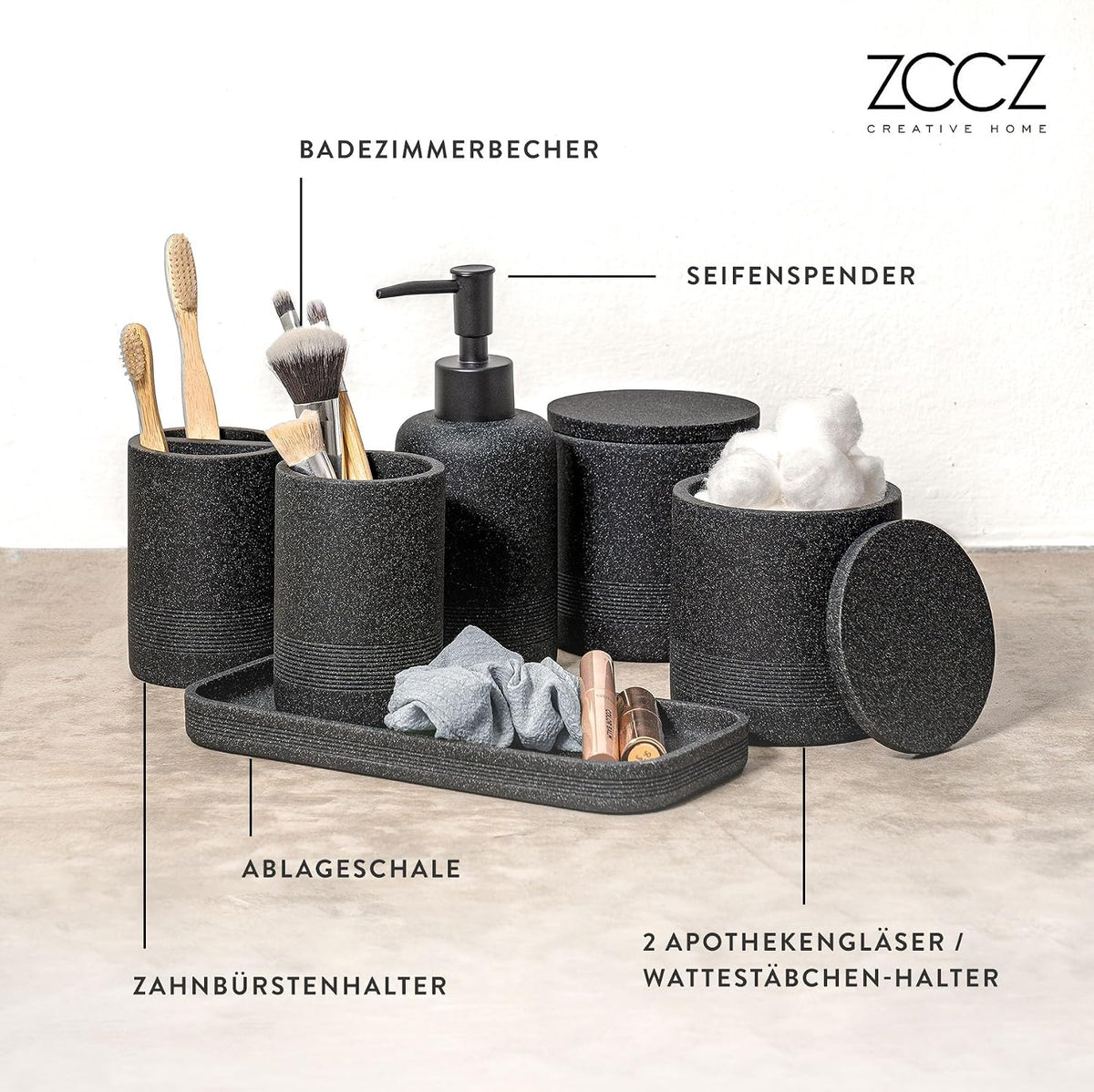 ZCCZ Badezimmer Set – 6-teiliges Organizer-Set mit Zahnbürstenhalter, Seifenspender, Schale für Kosmetik und Wattestäbchen – Elegante Deko in Marmor-Optik, schwarz für modernes Bad