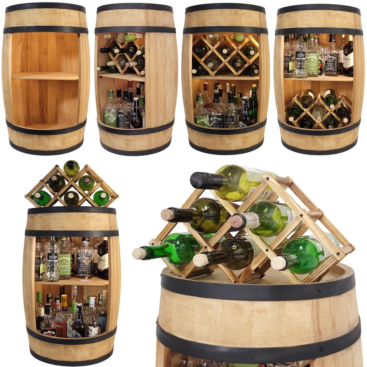 weeco Fassbar mit LED Beleuchtung und Weinhalter. Weinregal - Holzfass Hausbar 80cm. Rustikaler deko Barschrank Weinständer – Fass. Fassbier, Wein Flaschenständer - Bar Whisky Geschenk (Dunkelbraun)