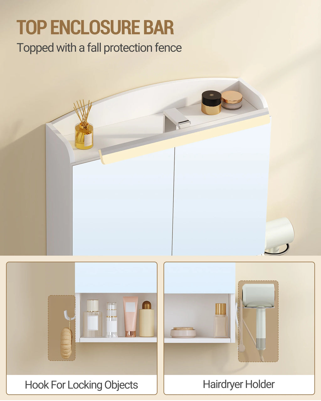 Badezimmerspiegelschrank mit LED-Beleuchtung – Weiß, mit Stecker & Haken