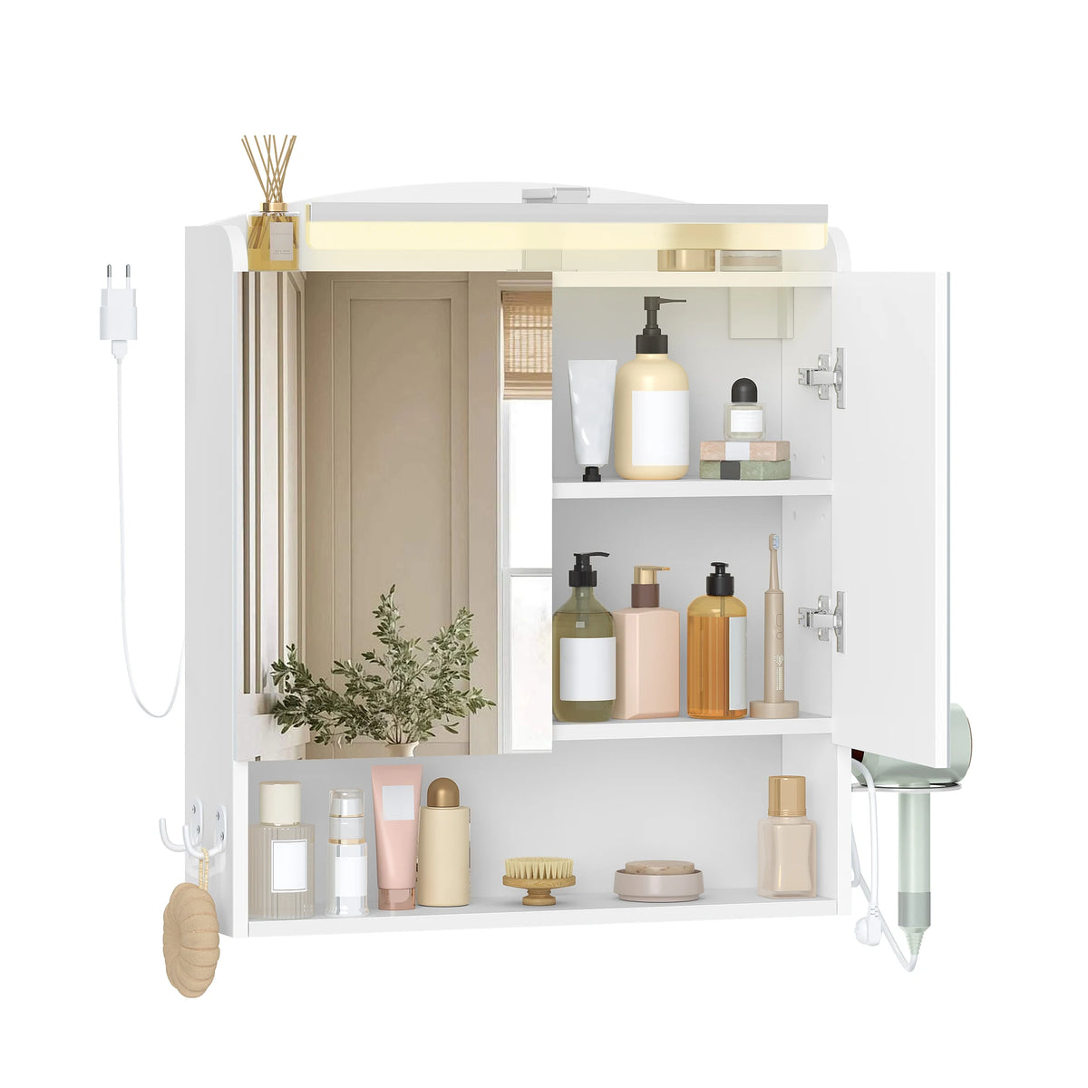 Badezimmerspiegelschrank mit LED-Beleuchtung – Weiß, mit Stecker & Haken