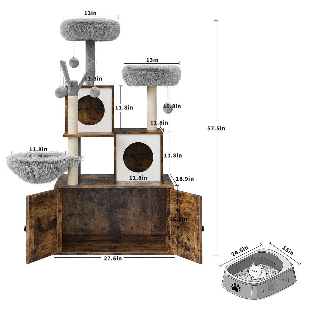 2-in-1-Katzenmöbel mit versteckter Katzentoilette & Kratzbaum, Katzenhaus aus Holz, Sisal-Kratzstamm, gepolsterter Liegefläche – ein mehrstöckiger Bereich zum Spielen und Ausruhen