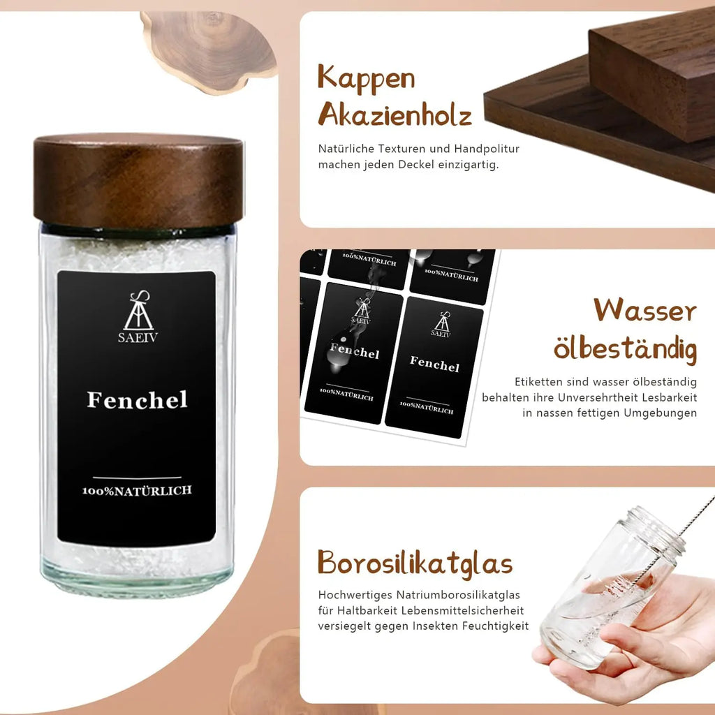 24 Stück 120ml Glasgewürzgläser mit Deckel aus natürlichem Akazienholz, runde Shaker-Behälter mit Etiketten für die Aufbewahrung in der Küche